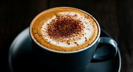 Creamy cappuccino with cocoa powder in blue cup on dark wooden table