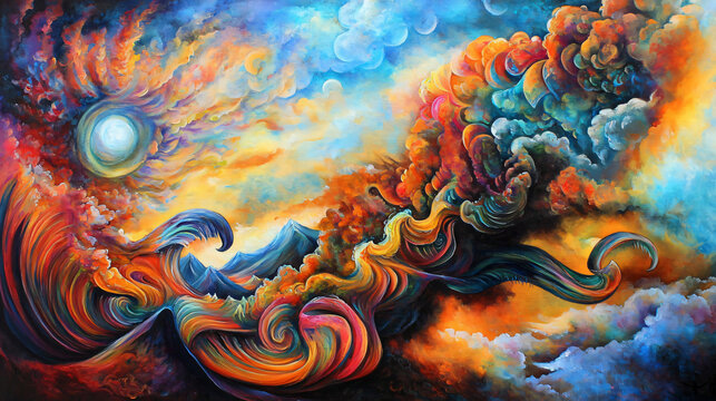 Captivating painting depicting a bird gracefully flying through fluffy clouds in a dreamy sky, evoking feelings of freedom and adventure.