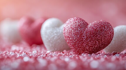 Obraz premium Small red and white hearts lie on a pink surface, a romantic background for Valentine's, Mother's Day, or spring.
