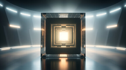 glass or crystal cube with labyrinth inside, with special effects on black background
