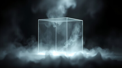 glass or crystal cube surrounded by smoke, with special effects