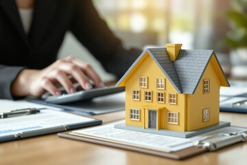 Miniature yellow house on office desk with businessperson using calculator, modern style, bright background. Concept of real estate investment. Ai generative