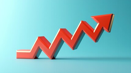 Dynamic Red Arrow Graph Showing Volatile Upward Trend Growth and Success Isolated on a Light Blue Background