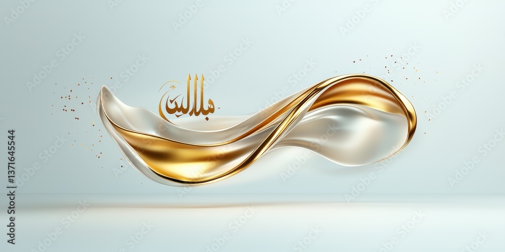 Poster abstract golden and white wave floating with decorative script and gold dust on a gradient backgroun