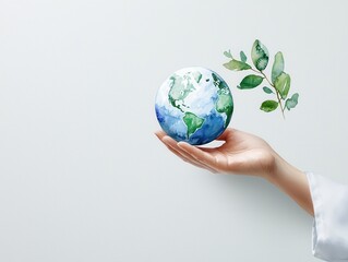 Watercolor Earth in Hand: Symbolizing global environmental responsibility, sustainability, and ecological care.