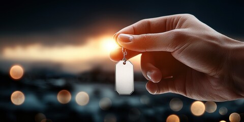 Hand holding a blank tag against a cityscape at sunset, presenting an opportunity for personalization.