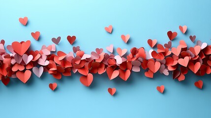 Small red paper hearts forming a vertical line on light blue create a simple yet elegant design for Valentine's, Mother's Day, or romantic occasions.
