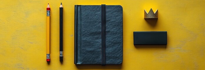 Online Marketing Strategy with Minimalist Black Notebook and Golden Crown Concept