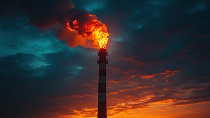Fototapeta premium Smoke and flames from a chimney contrast a dark sky, highlighting pollution.