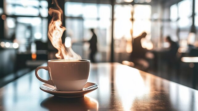 Steaming Coffee Cup in Modern Cafe, Professional Meeting Atmosphere
