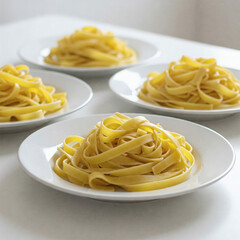 Close up of three plates with fettuccine pasta on white background