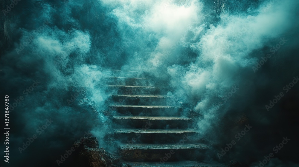 Wall mural smoke fills a dark empty room with a concrete staircase, creating a mysterious atmosphere for surrea