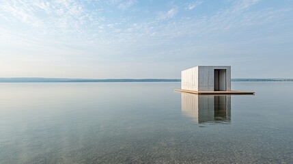 Concrete minimalist structure on a still lake mirroring the blue sky a serene architectural composition reflecting in the water a simple design against a tranquil background