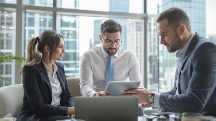 Group of business professionals discussing project using tablet in modern office, creative corporate design concept with city background. Ai generative
