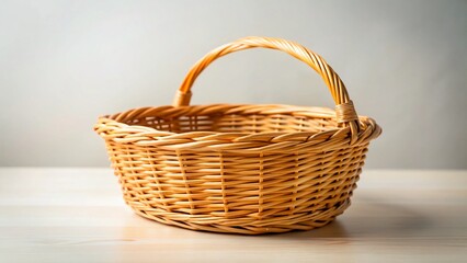 Obraz premium Light Brown Wicker Basket on White Background - Rustic Spring Summer Harvest Stock Photo