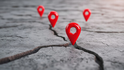 Fototapeta premium Red location pins on cracked gray background create striking visual, symbolizing navigation and exploration in unique way