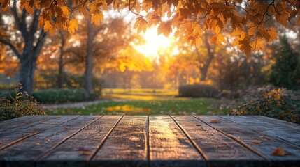 Wooden Table in Serene Outdoor Garden with Blurred Green Trees and Vegetables Background for Product Display