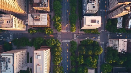 Aerial view of symmetrical corporate district with lush green rooftops, ultra-HD clarity, modern urban landscape --ar 16:9