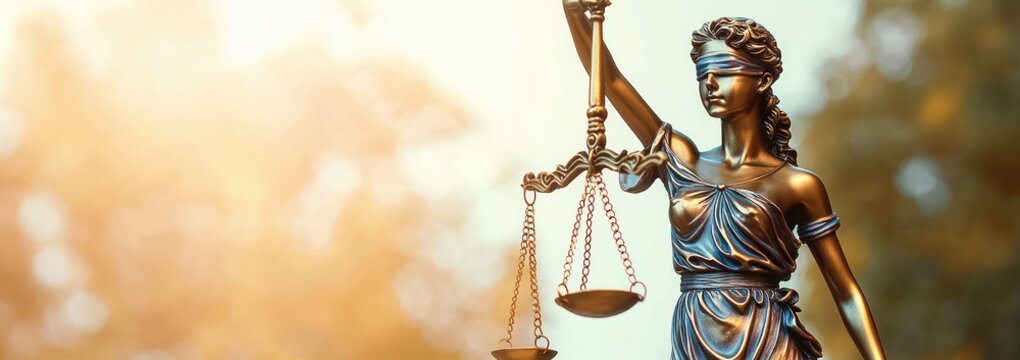Bronze Lady Justice Statue with Scales of Balance in Courtroom Setting