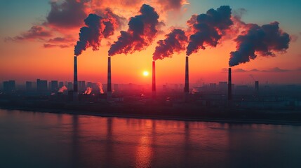 Obraz premium Smoke from industrial chimneys pollutes the air during a sunset, highlighting environmental damage from manufacturing.
