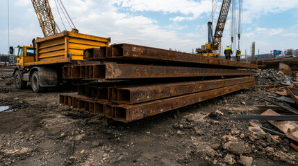 Heavy Construction Equipment and Steel Beams at Urban Construction Site Under Blue Sky