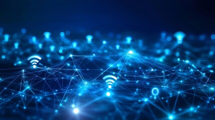 Wireless Network Connection: Abstract Data Background with Wifi Signals and Digital Nodes 