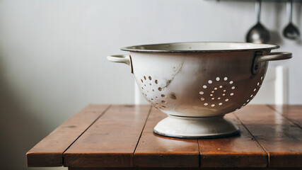 Vintage White Colander on Rustic Wooden Table Kitchenware Rustic Decor