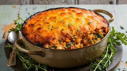 Delicious cheesy vegetable casserole baked to golden perfection in a rustic brown dish a comforting family meal
