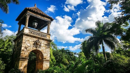 Fototapeta premium Stone Tower Archway: Lush Greenery Under Blue Sky 