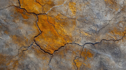Abstract Texture of Cracked Earth with Vivid Orange and Gray Tones, Aerial View of Nature's Patterns