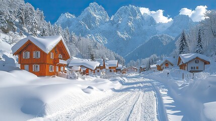 Fototapeta premium Snow blankets a picturesque alpine village nestled amidst frosted trees and snowcapped peaks under a vibrant blue sky, creating a serene and captivating winter scene.
