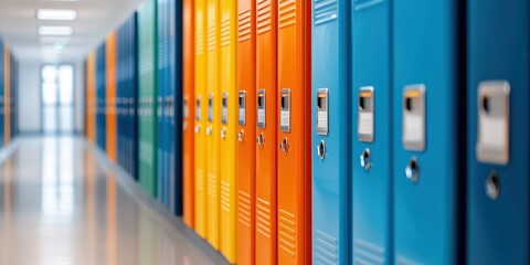 Obraz premium Vibrant lockers line a hallway, creating a colorful storage area in a school or similar institution.