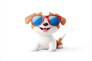 Fototapeta premium Cool puppy with red sunglasses. Cute cartoon dog character. Fun, playful animal, white background. Digital art.