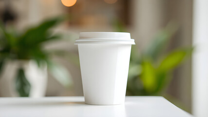 White paper cup of coffee to go on white table, mock up with blurred bokeh