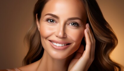 Fototapeta premium Radiant Woman Smiling Softly with a Gentle Touch and Golden Glow