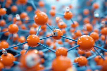 Orange molecular structure with padlocks connected by blue rods, glossy creative style on a blue background, concept of data security and protection. Ai generative