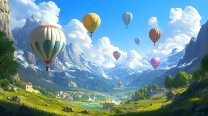 Fototapeta premium Colorful hot air balloons float over a valley nestled in the mountains.