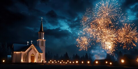Fototapeta premium Church and Fireworks Display: A picturesque night scene with a church and a vibrant fireworks spectacle.