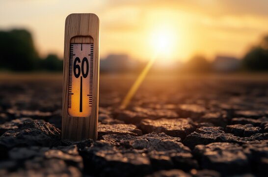 A wooden thermometer shows 60 degrees against a backdrop of dry, cracked earth, illuminated by a warm sunset, highlighting a hot and arid environment.