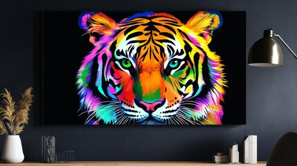 Tiger Face Vibrant Colors on Wall 