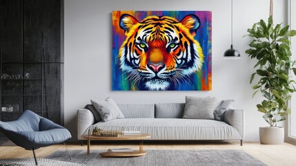 Tiger Face Vibrant Colors in Modern Living Room 