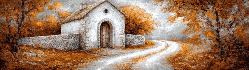 Cozy Watercolor Illustration of a Quaint Cottage Surrounded by Autumn Trees and a Serene Pathway in Soft Earthy Tones