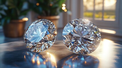 Fototapeta premium Soft light creates highlights and shadows on two brilliant diamonds resting on gray with a white wall, a luxurious backdrop.
