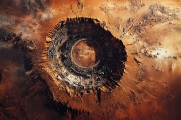 An aerial view of a massive circular structure resembling a sci-fi crater city embedded in a rocky, Mars-like landscape, emphasizing the fusion of technology and a barren terrain