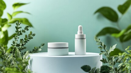 Serene Cosmetic Display: Natural Podium with Botanical Wellness Products 