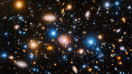galaxy cluster connected by filaments, revealing an intricate interplay of light and gravity, the starry structures looming large against the void