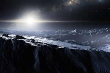 Fototapeta premium Kuiper Belt object beyond Neptune, encircled by a thin stellar dust ring, captured by a New Horizons spacecraft, using a Long Range Reconnaissance Imager --v 6.1 --ar 3:2