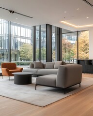 Obraz premium Corporate lounge area with stylish gray sofa, floor-to-ceiling glass walls, modern aesthetic, professional workspace