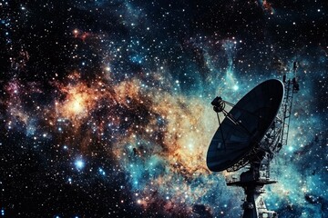 deep-space communications array against the backdrop of distant galaxies and nebulas at night