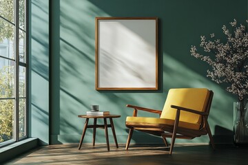 Elegant interior features a yellow chair artwork and natural light